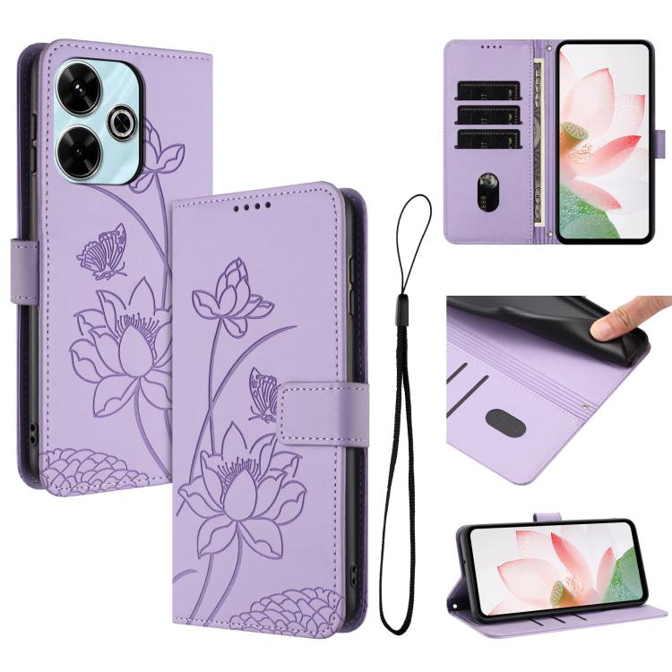 

For Redmi 13 4G / 5G / Note 13R / Poco M6 4G Lotus Embossed Leather Phone Case with Lanyard(Purple)