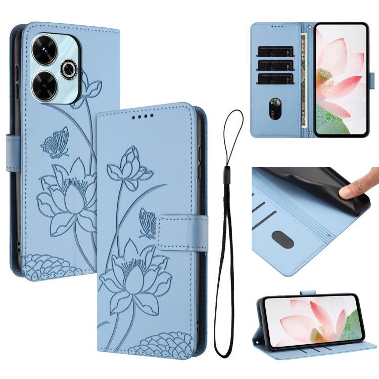

For Redmi 13 4G / 5G / Note 13R / Poco M6 4G Lotus Embossed Leather Phone Case with Lanyard(Blue)