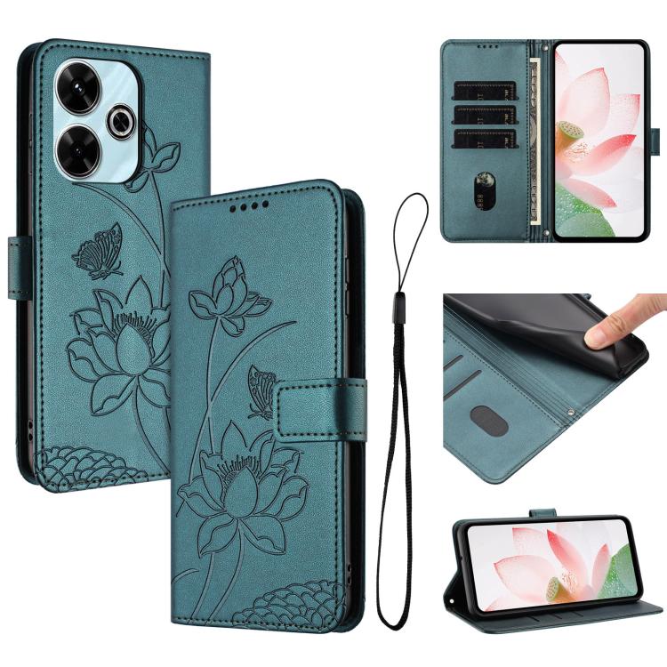 

For Redmi 13 4G / 5G / Note 13R / Poco M6 4G Lotus Embossed Leather Phone Case with Lanyard(Dark Green)