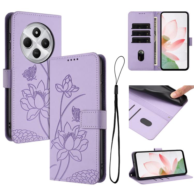 

For Redmi 14C 4G / A4 / 14R 5G / Poco C75 Lotus Embossed Leather Phone Case with Lanyard(Purple)