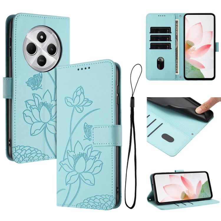 

For Redmi 14C 4G / A4 / 14R 5G / Poco C75 Lotus Embossed Leather Phone Case with Lanyard(Green)