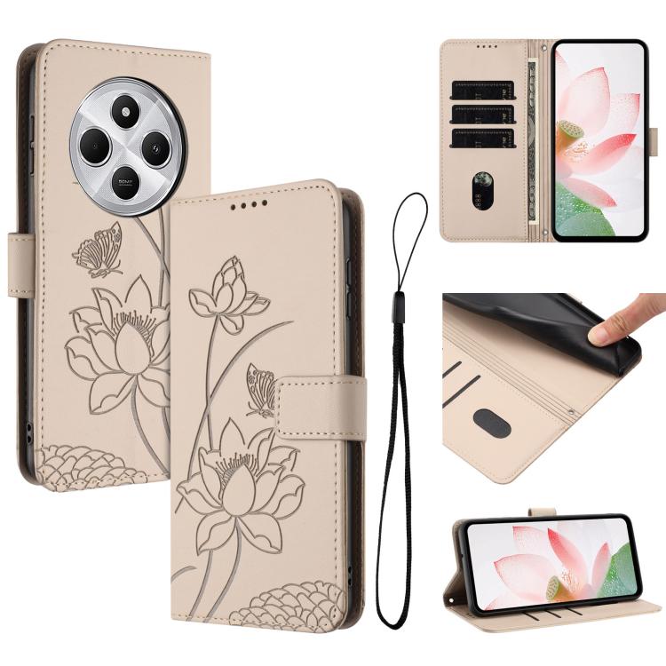 For Redmi 14C 4G / A4 / 14R 5G / Poco C75 Lotus Embossed Leather Phone Case with Lanyard(Beige)