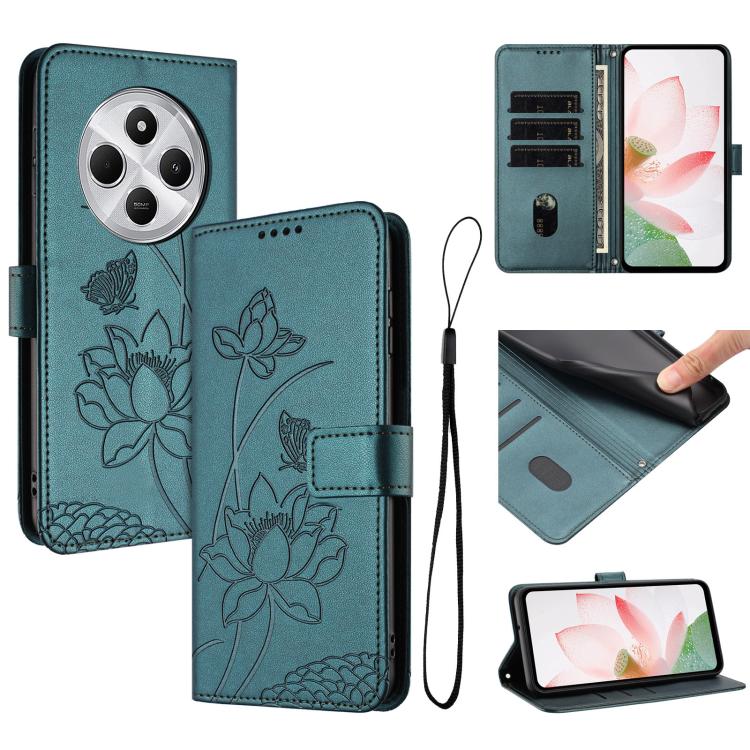 

For Redmi 14C 4G / A4 / 14R 5G / Poco C75 Lotus Embossed Leather Phone Case with Lanyard(Dark Green)