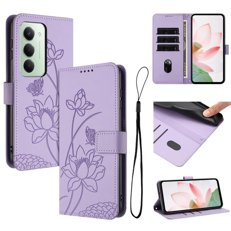 

For Redmi 15 5G Global / 15 4G SEA 169.5mm Lotus Embossed Leather Phone Case with Lanyard(Purple)