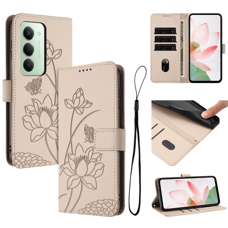 

For Redmi 15 5G Global / 15 4G SEA 169.5mm Lotus Embossed Leather Phone Case with Lanyard(Beige)
