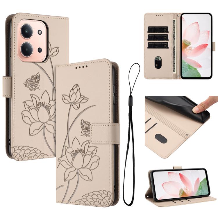

For Redmi 15C 5G / 4G EU 173mm / Poco C85 5G Lotus Embossed Leather Phone Case with Lanyard(Beige)