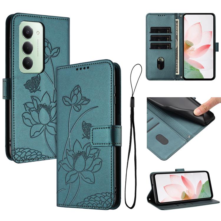 

For Redmi 15 5G / 4G EU 171mm Lotus Embossed Leather Phone Case with Lanyard(Dark Green)