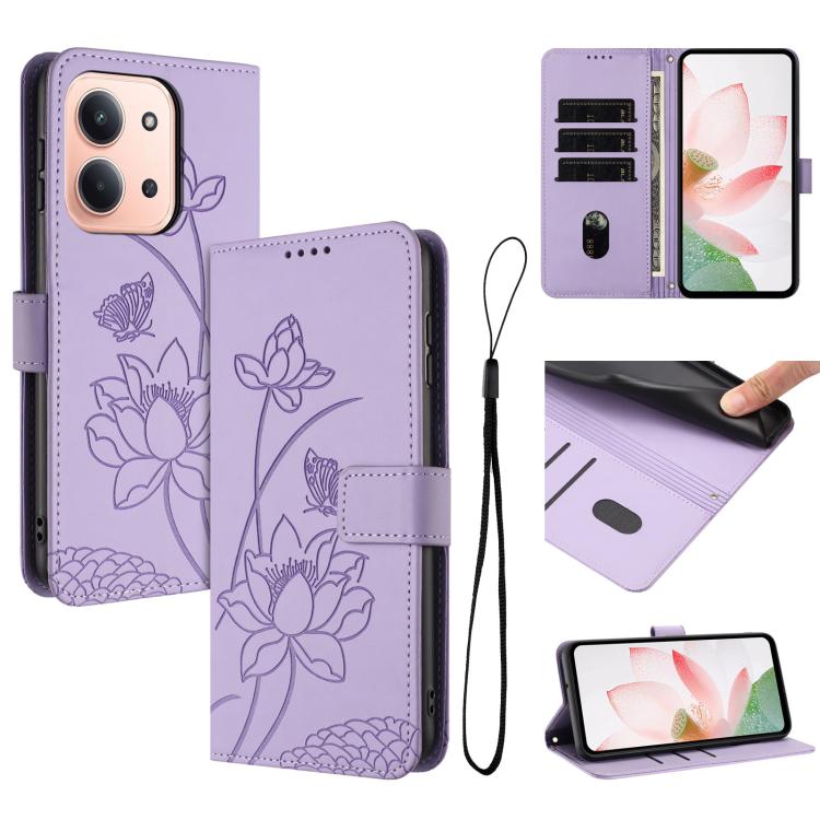

For Redmi 15C 5G/4G Global 171mm / Poco C85 4G Lotus Embossed Leather Phone Case with Lanyard(Purple)