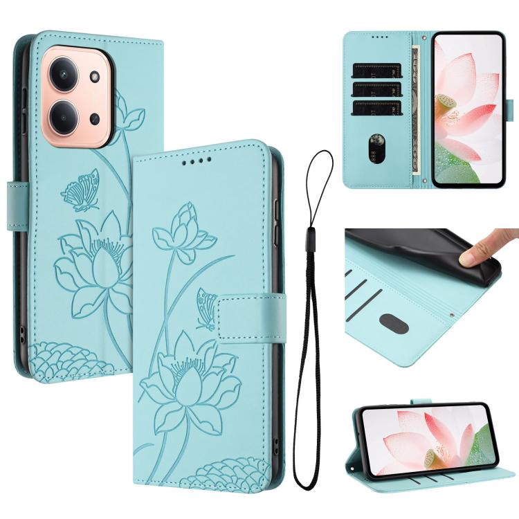 For Redmi 15C 5G/4G Global 171mm / Poco C85 4G Lotus Embossed Leather Phone Case with Lanyard(Green)