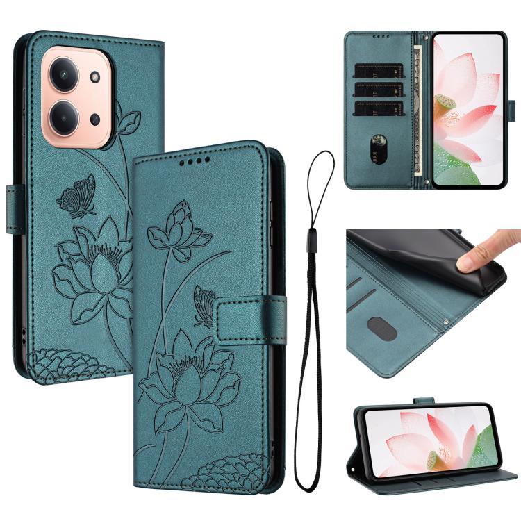 

For Redmi 15C 5G/4G Global 171mm / Poco C85 4G Lotus Embossed Leather Phone Case with Lanyard(Dark Green)