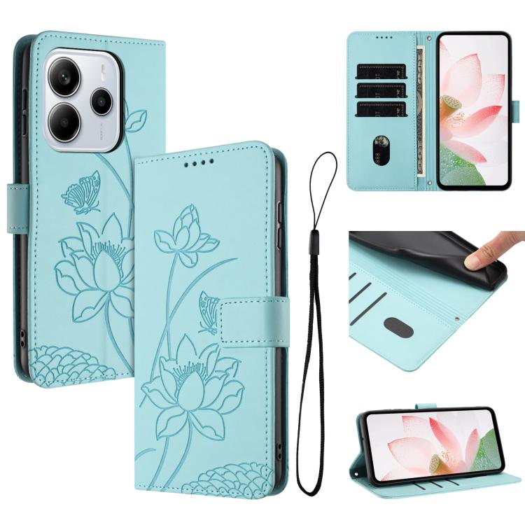 

For Redmi Note 14 4G Global 163.25mm Lotus Embossed Leather Phone Case with Lanyard(Green)