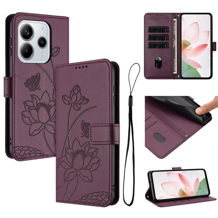 

For Redmi Note 14 4G Global 163.25mm Lotus Embossed Leather Phone Case with Lanyard(Wine Red)