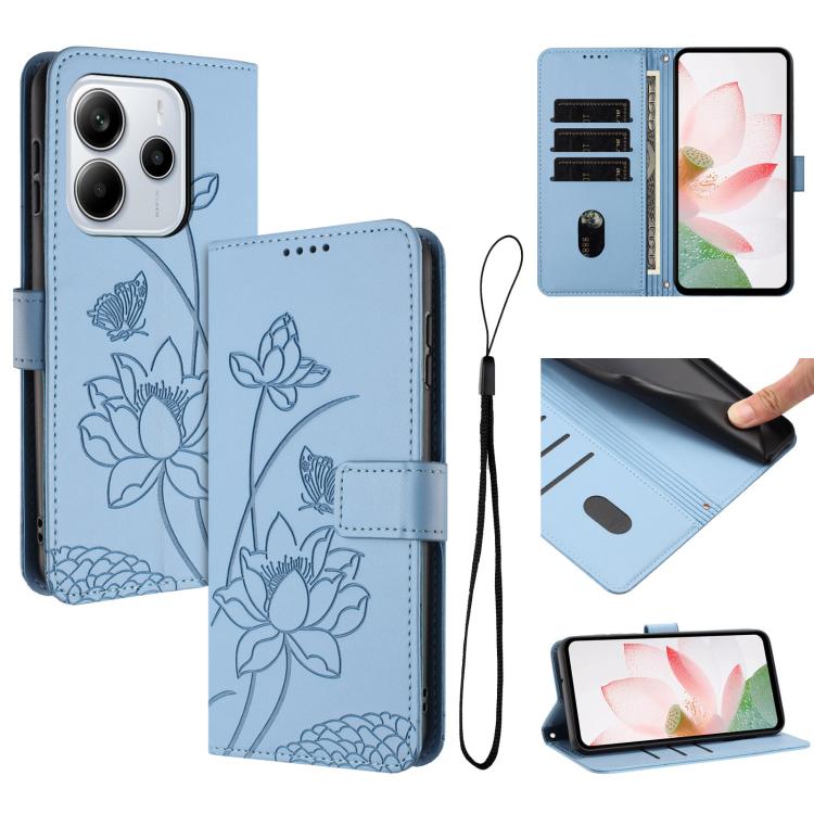 For Redmi Note 14 4G EU 164.84mm Lotus Embossed Leather Phone Case with Lanyard(Blue)