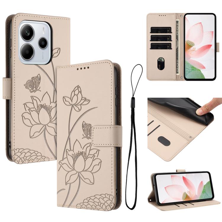 

For Redmi Note 14 5G Global / Poco M7 Pro 5G Lotus Embossed Leather Phone Case with Lanyard(Beige)