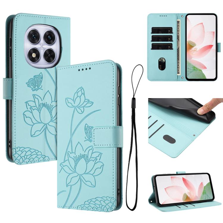 

For Redmi Note 14 Pro 5G / 14 Pro+ 5G Global Lotus Embossed Leather Phone Case with Lanyard(Green)