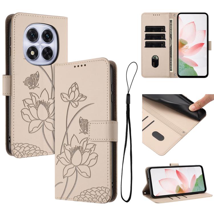 

For Redmi Note 14 Pro 5G / 14 Pro+ 5G Global Lotus Embossed Leather Phone Case with Lanyard(Beige)