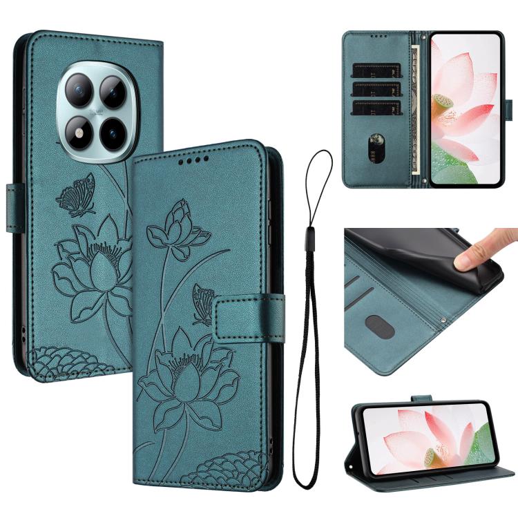 

For Redmi Note 15 Pro 5G Global 163.6mm Lotus Embossed Leather Phone Case with Lanyard(Dark Green)