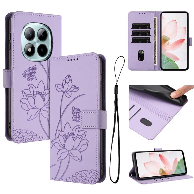 

For Redmi Note 15 Pro+ Global 5G 163.3mm Lotus Embossed Leather Phone Case with Lanyard(Purple)