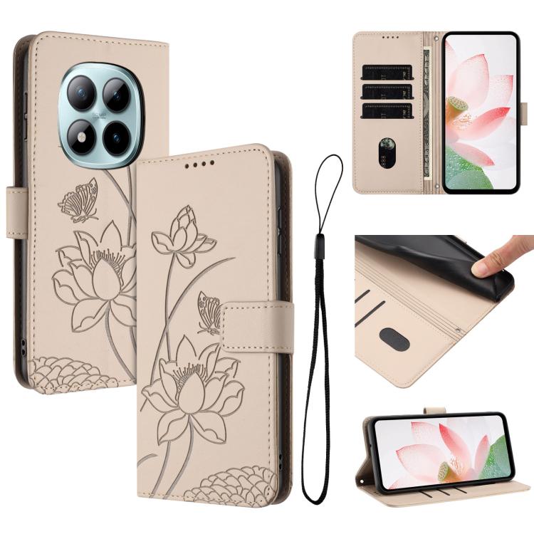 

For Redmi Note 15 Pro 4G Global 163.2mm Lotus Embossed Leather Phone Case with Lanyard(Beige)
