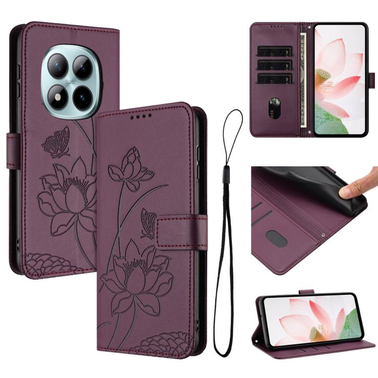 

For Redmi Note 15 Pro 4G Global 163.2mm Lotus Embossed Leather Phone Case with Lanyard(Wine Red)