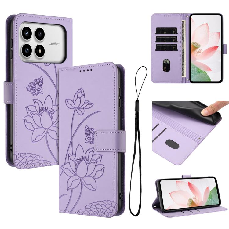 

For Redmi K90 / Poco F8 Pro Lotus Embossed Leather Phone Case with Lanyard(Purple)
