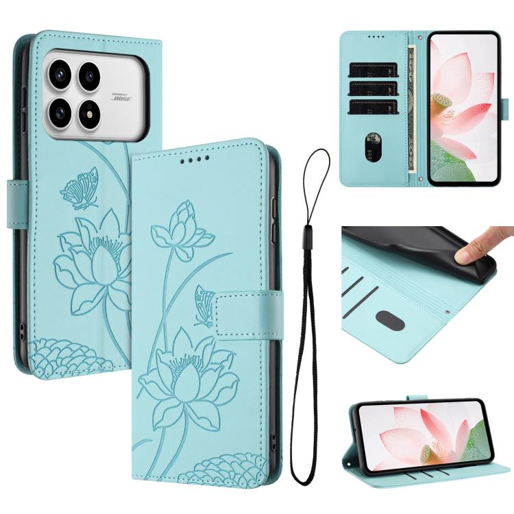 

For Redmi K90 / Poco F8 Pro Lotus Embossed Leather Phone Case with Lanyard(Green)
