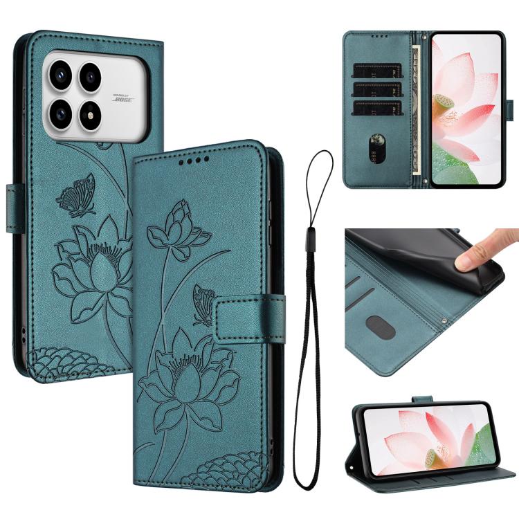 

For Redmi K90 / Poco F8 Pro Lotus Embossed Leather Phone Case with Lanyard(Dark Green)