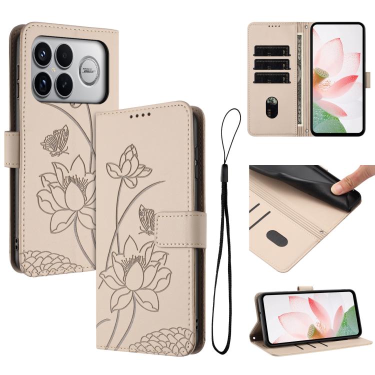 

For Redmi K90 Pro Max / Poco F8 Ultra Lotus Embossed Leather Phone Case with Lanyard(Beige)
