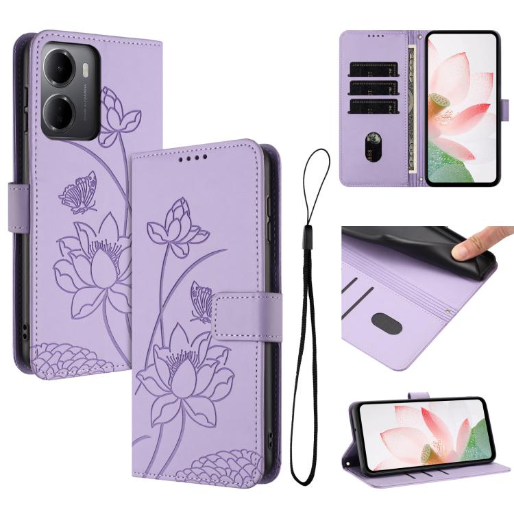 For Redmi 15a 5G Lotus Embossed Leather Phone Case with Lanyard(Purple)
