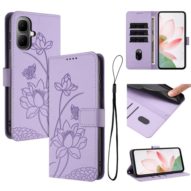 

For Infinix Smart 10 / Tecno Pop 10 Lotus Embossed Leather Phone Case with Lanyard(Purple)