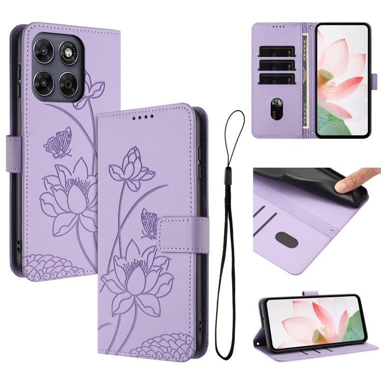 For Motorola Moto G Max / G87 / G77 / G67 5G Lotus Embossed Leather Phone Case with Lanyard(Purple)