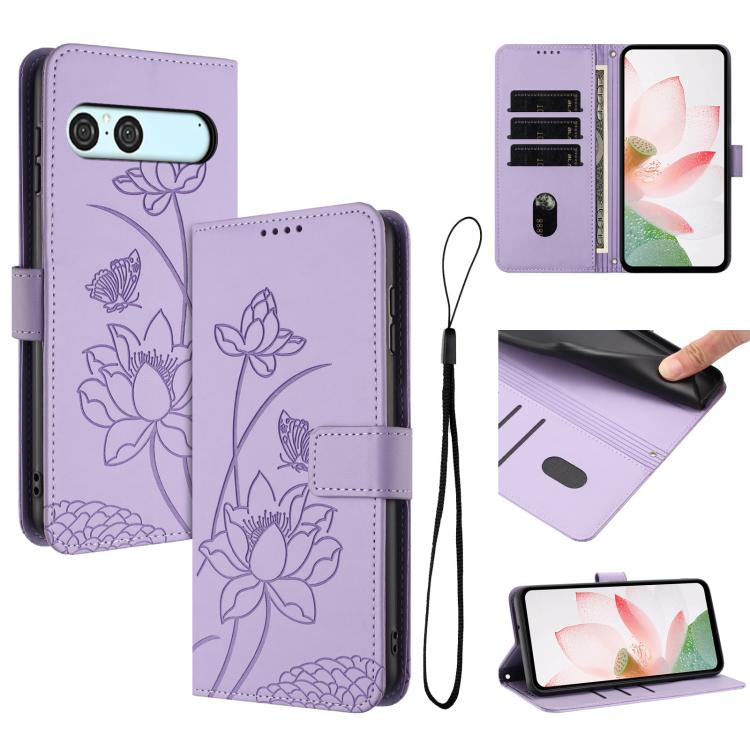 

For Sony Xperia 10 VII Lotus Embossed Leather Phone Case with Lanyard(Purple)