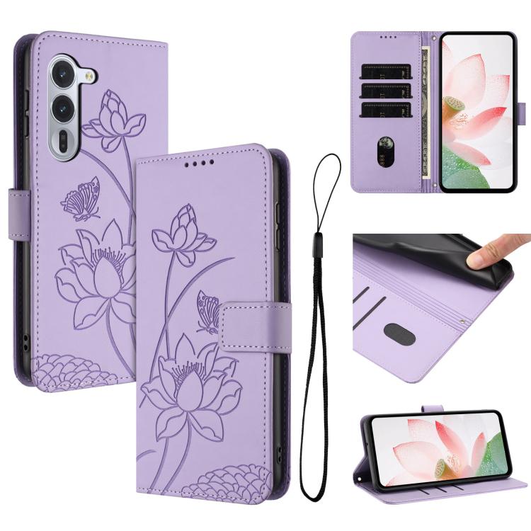 

For Fujitsu Arrows Alpha F-51F Lotus Embossed Leather Phone Case with Lanyard(Purple)