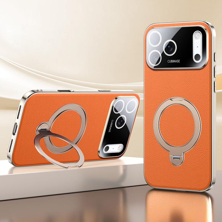 

For iPhone 17 Pro Max Skin Feel Leather Texture Cooling MagSafe Phone Case with 360 Degrees Rotating Holder(Orange)