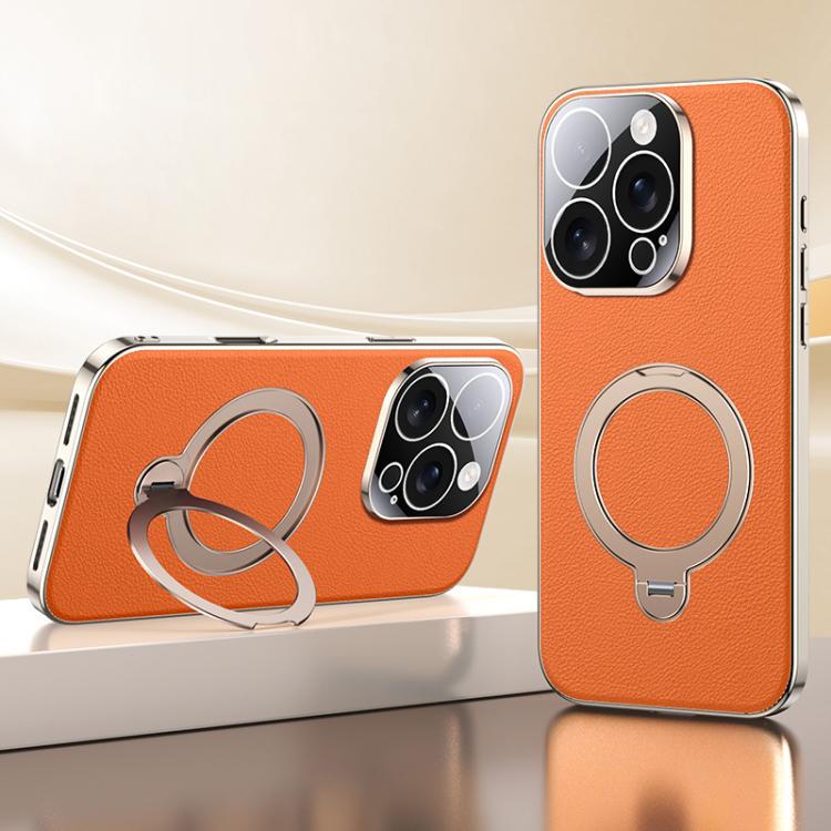 

For iPhone 16 Pro Max Skin Feel Leather Texture Cooling MagSafe Phone Case with 360 Degrees Rotating Holder(Orange)