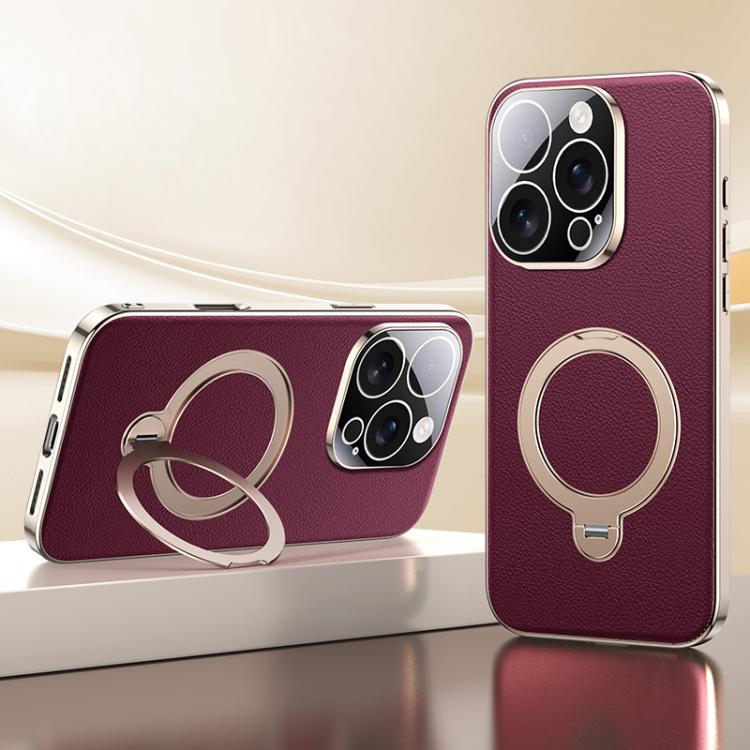 

For iPhone 16 Pro Max Skin Feel Leather Texture Cooling MagSafe Phone Case with 360 Degrees Rotating Holder(Red)