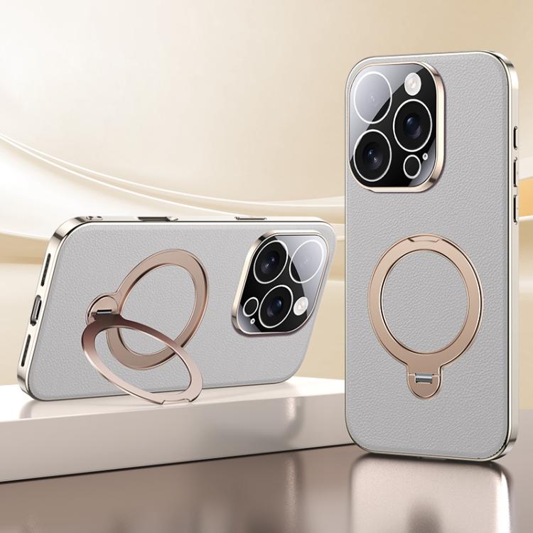 

For iPhone 16 Pro Skin Feel Leather Texture Cooling MagSafe Phone Case with 360 Degrees Rotating Holder(Grey)