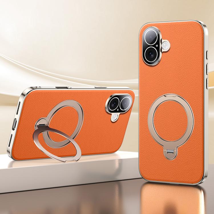 

For iPhone 16 Skin Feel Leather Texture Cooling MagSafe Phone Case with 360 Degrees Rotating Holder(Orange)