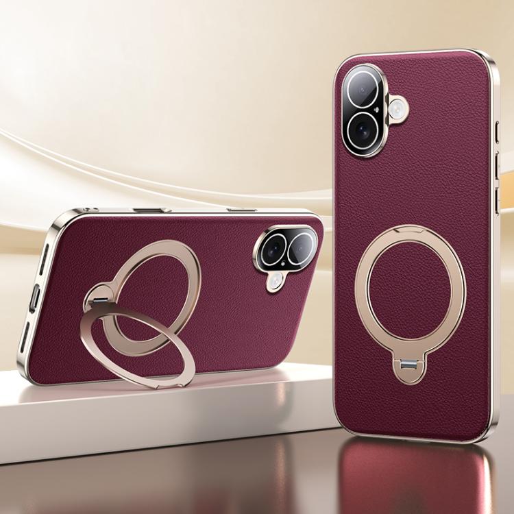 

For iPhone 16 Skin Feel Leather Texture Cooling MagSafe Phone Case with 360 Degrees Rotating Holder(Red)