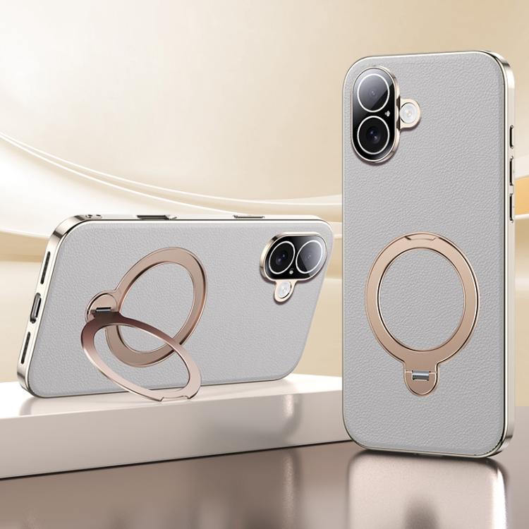 

For iPhone 16 Skin Feel Leather Texture Cooling MagSafe Phone Case with 360 Degrees Rotating Holder(Grey)