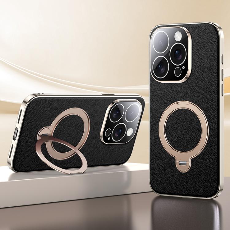 

For iPhone 15 Pro Max Skin Feel Leather Texture Cooling MagSafe Phone Case with 360 Degrees Rotating Holder(Black)