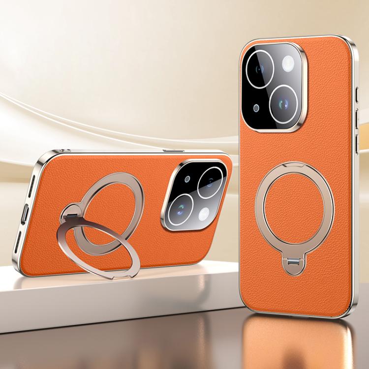 

For iPhone 14 Skin Feel Leather Texture Cooling MagSafe Phone Case with 360 Degrees Rotating Holder(Orange)