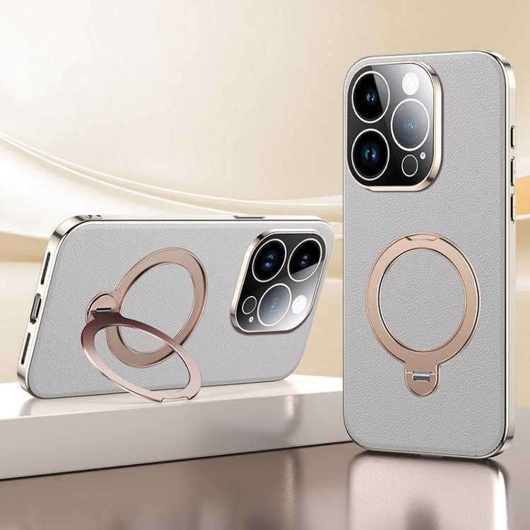

For iPhone 14 Pro Max Skin Feel Leather Texture Cooling MagSafe Phone Case with 360 Degrees Rotating Holder(Grey)