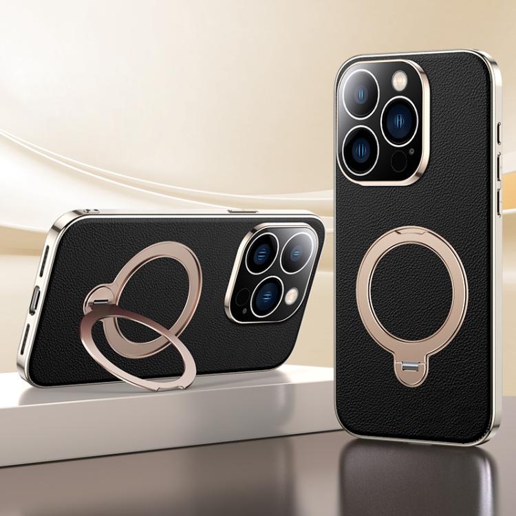 

For iPhone 13 Pro Max Skin Feel Leather Texture Cooling MagSafe Phone Case with 360 Degrees Rotating Holder(Black)