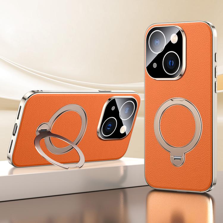 

For iPhone 13 Skin Feel Leather Texture Cooling MagSafe Phone Case with 360 Degrees Rotating Holder(Orange)