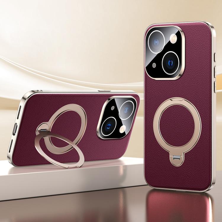 

For iPhone 13 Skin Feel Leather Texture Cooling MagSafe Phone Case with 360 Degrees Rotating Holder(Red)