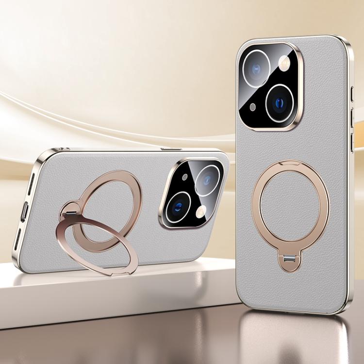 

For iPhone 13 Skin Feel Leather Texture Cooling MagSafe Phone Case with 360 Degrees Rotating Holder(Grey)