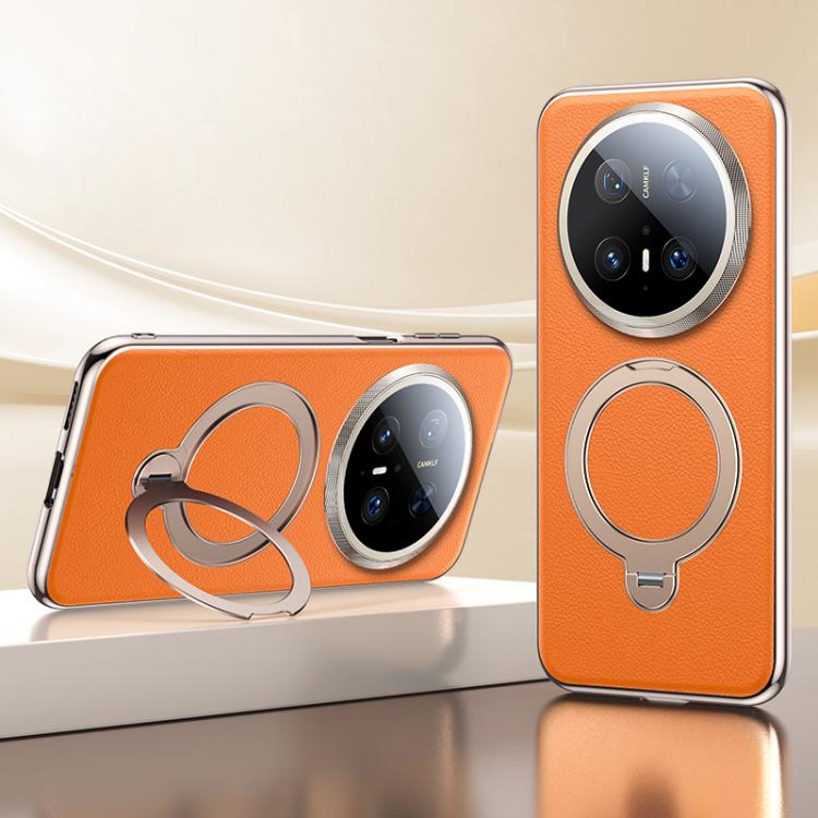 

For Huawei Mate 70 Pro+ Skin Feel Leather Texture Cooling MagSafe Phone Case with 360 Degrees Rotating Holder(Orange)