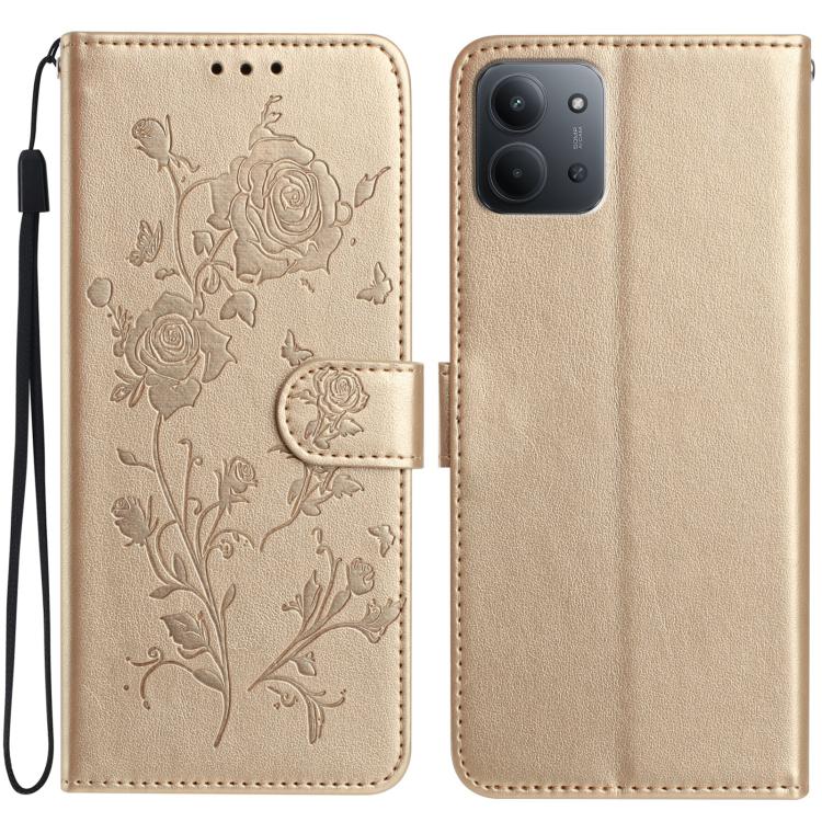 

For Redmi 15C 5G/4G Global 171mm/Poco C85 4G Rose Flower Embossing Pattern Leather Phone Case(Gold)