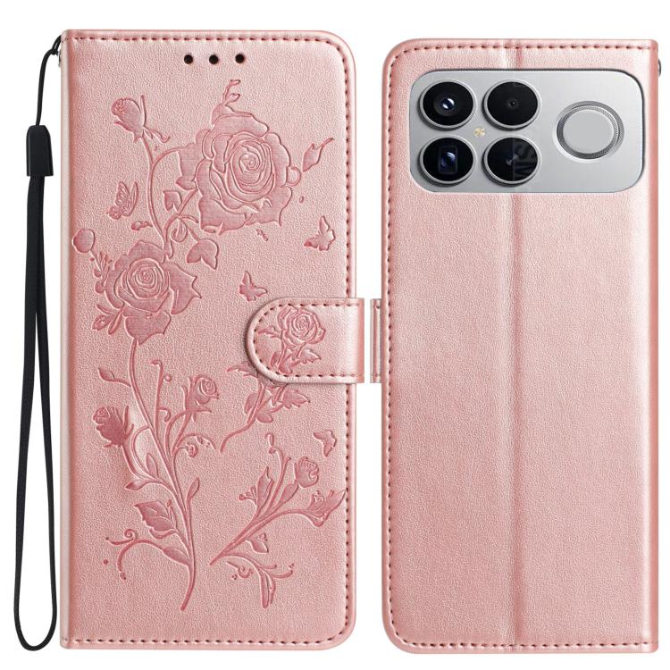 

For Redmi K90/Poco F8 Pro Rose Flower Embossing Pattern Leather Phone Case(Rose Gold)
